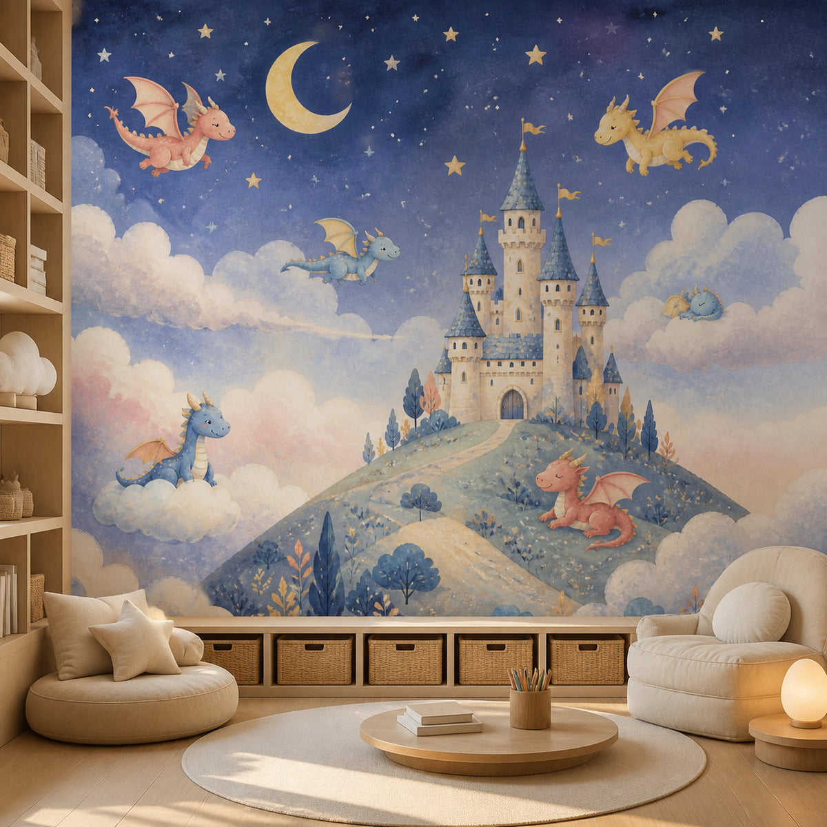 Dragon castle celestial mural in a playroom with storage bench bins, a round rug and floor cushions
