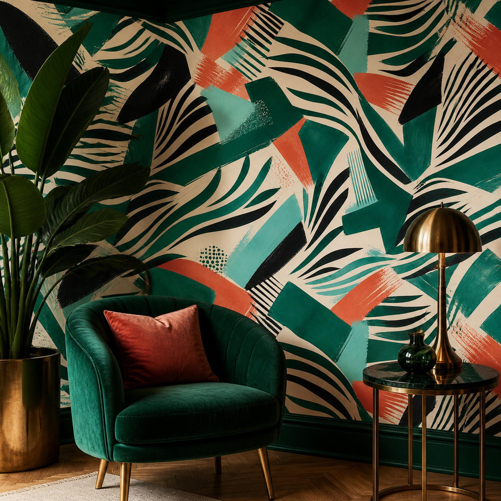 Extreme close-up of emerald zebra wallpaper surface texture showing matte finish and vivid coral teal lines