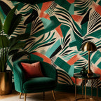 Extreme close-up of emerald zebra wallpaper surface texture showing matte finish and vivid coral teal lines
