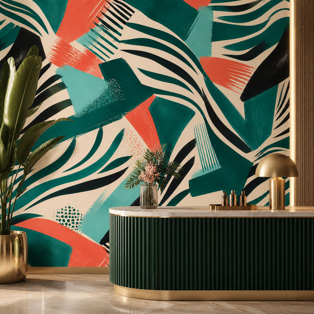 Size and scale chart for peel and stick emerald zebra wallpaper showing panel width height and repeat dimensions