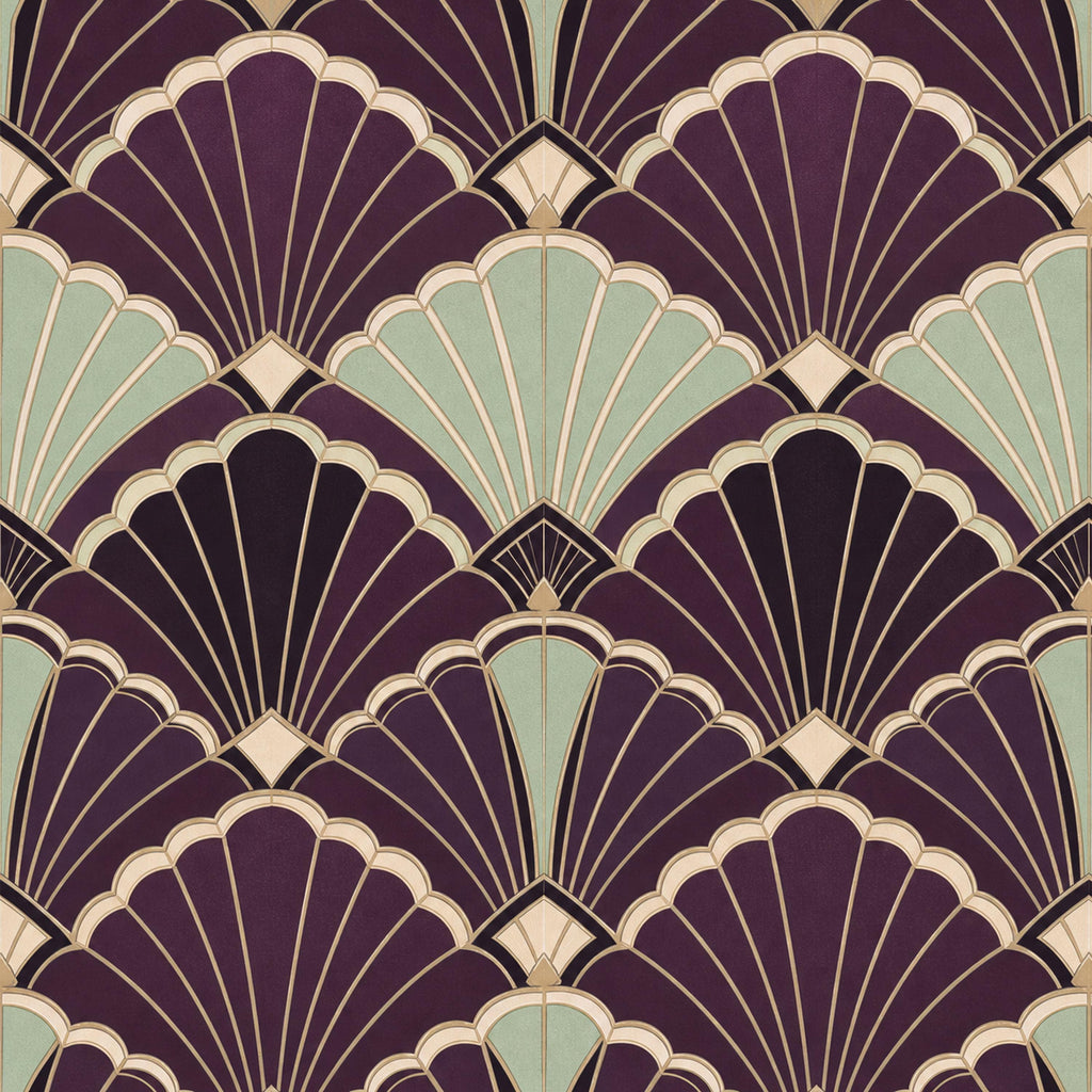 Purple art deco wallpaper featuring an aubergine shell fan pattern, perfect for gatsby-inspired glam interiors