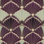 Purple art deco wallpaper featuring an aubergine shell fan pattern, perfect for gatsby-inspired glam interiors
