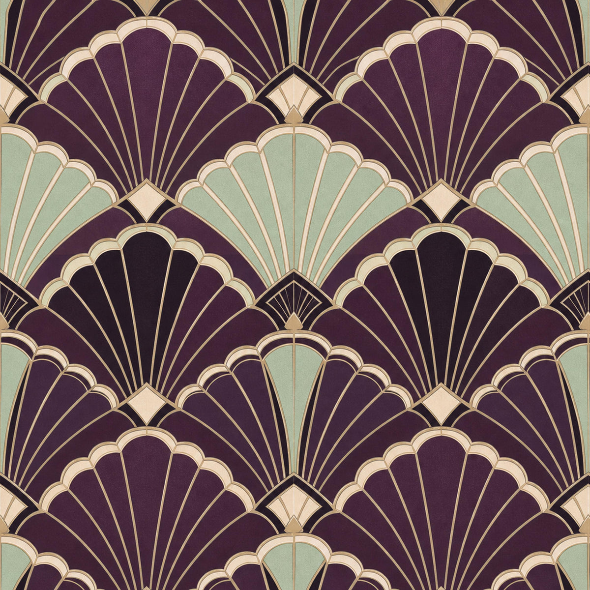 Purple art deco wallpaper featuring an aubergine shell fan pattern, perfect for gatsby-inspired glam interiors