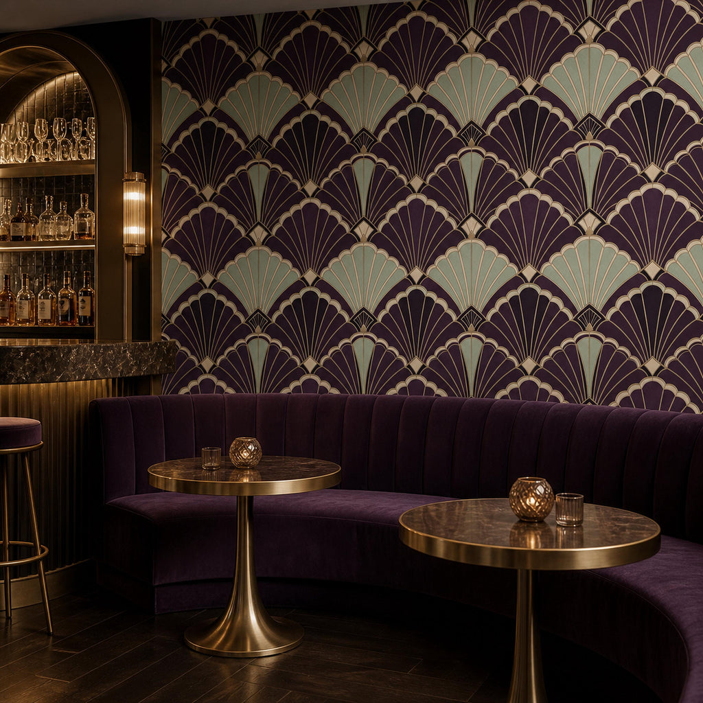 Peel and stick purple wallpaper with repeating shell fan motif styled in a moody 1920s inspired powder room