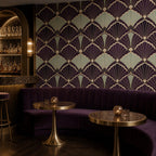 Peel and stick purple wallpaper with repeating shell fan motif styled in a moody 1920s inspired powder room