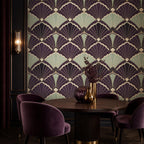 Art deco purple wallpaper installed in an elegant cocktail bar setting with dark moody ambiance and gold accents