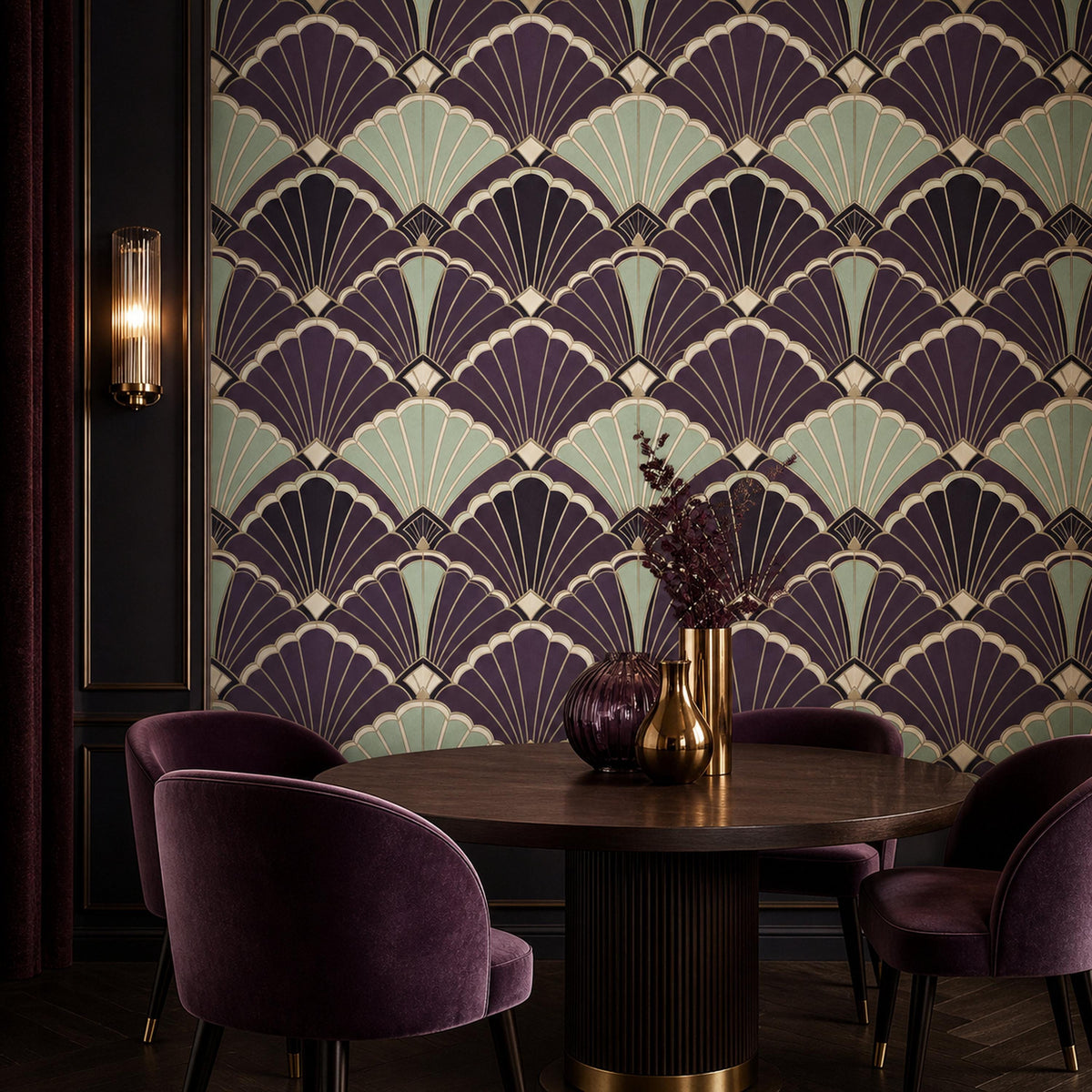 Art deco purple wallpaper installed in an elegant cocktail bar setting with dark moody ambiance and gold accents