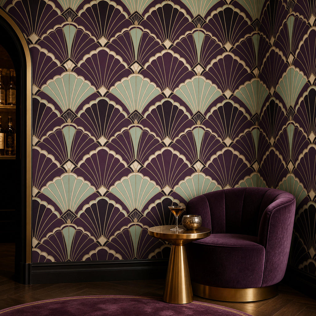 Shell fan pattern wallpaper swatch in deep aubergine showing color accuracy alongside a white paint chip