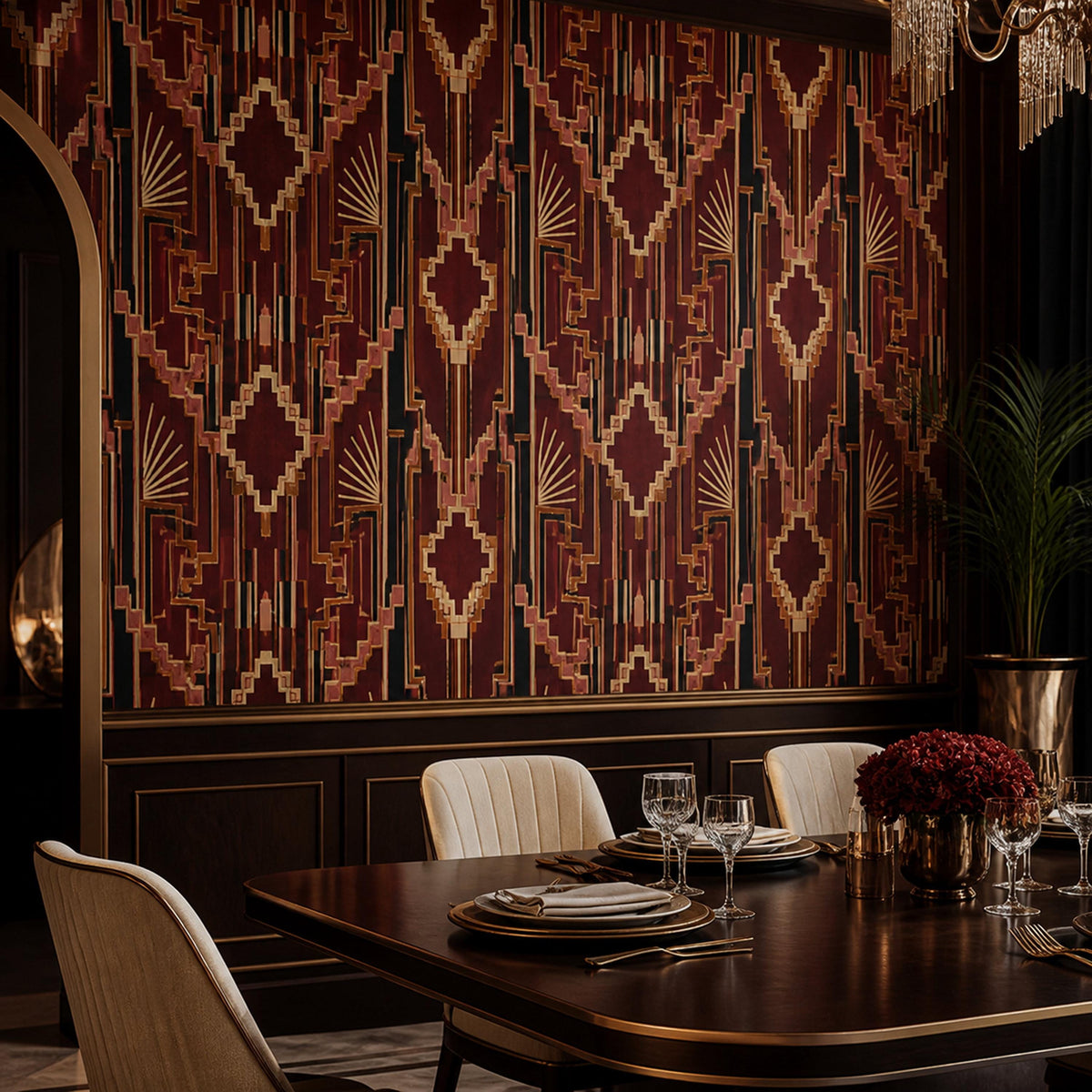 Burgundy Art Deco wallpaper in a dining room with a dark wood table, cream chairs and wood paneling