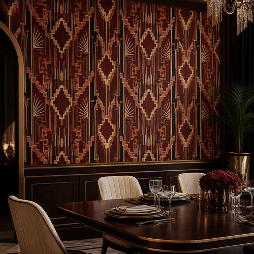 Burgundy Art Deco wallpaper in a dining room with a dark wood table, cream chairs and wood paneling