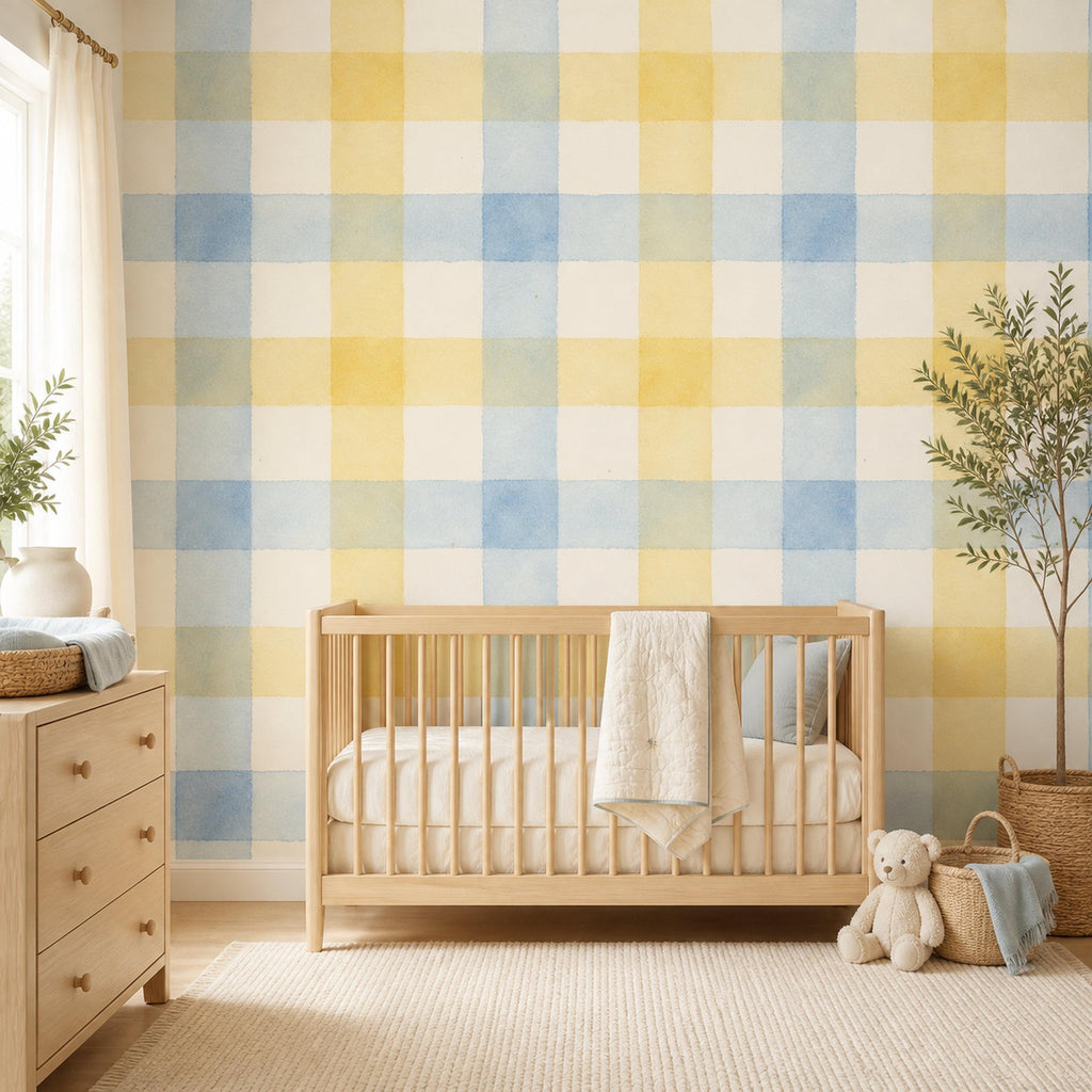 Removable blue plaid wallpaper roll shown unrolled to display full watercolor checkered repeat pattern detail