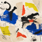 Abstract peel and stick wallpaper mural with neo expressionist color blocks in bold blue red and yellow tones