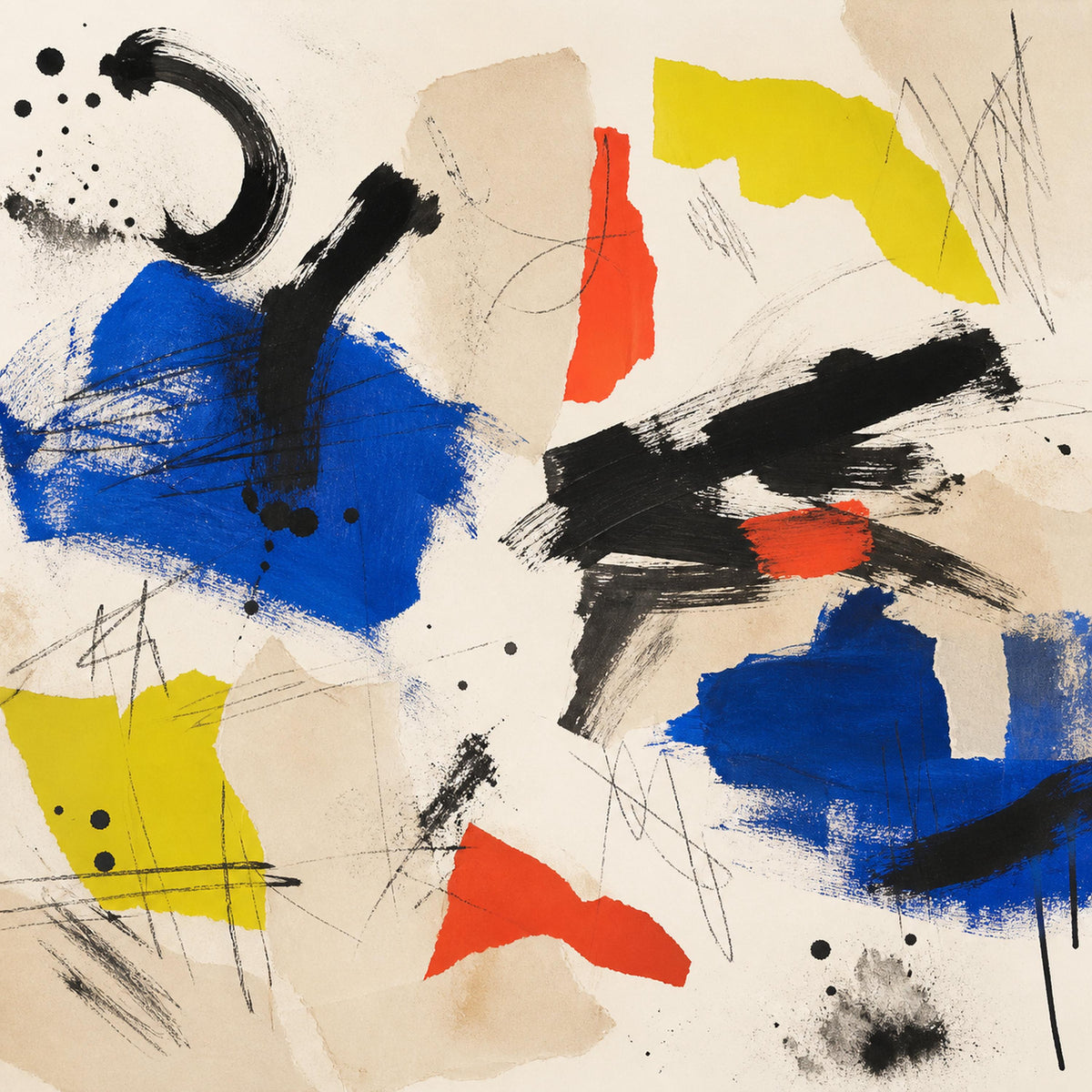 Abstract peel and stick wallpaper mural with neo expressionist color blocks in bold blue red and yellow tones
