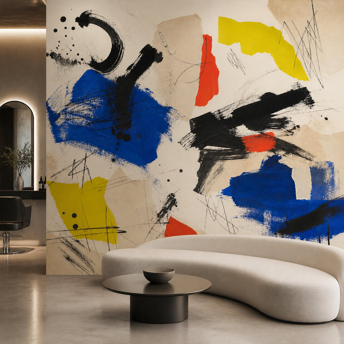 Neo expressionist peel and stick mural installed in a stylish fashion boutique with bold wall decor