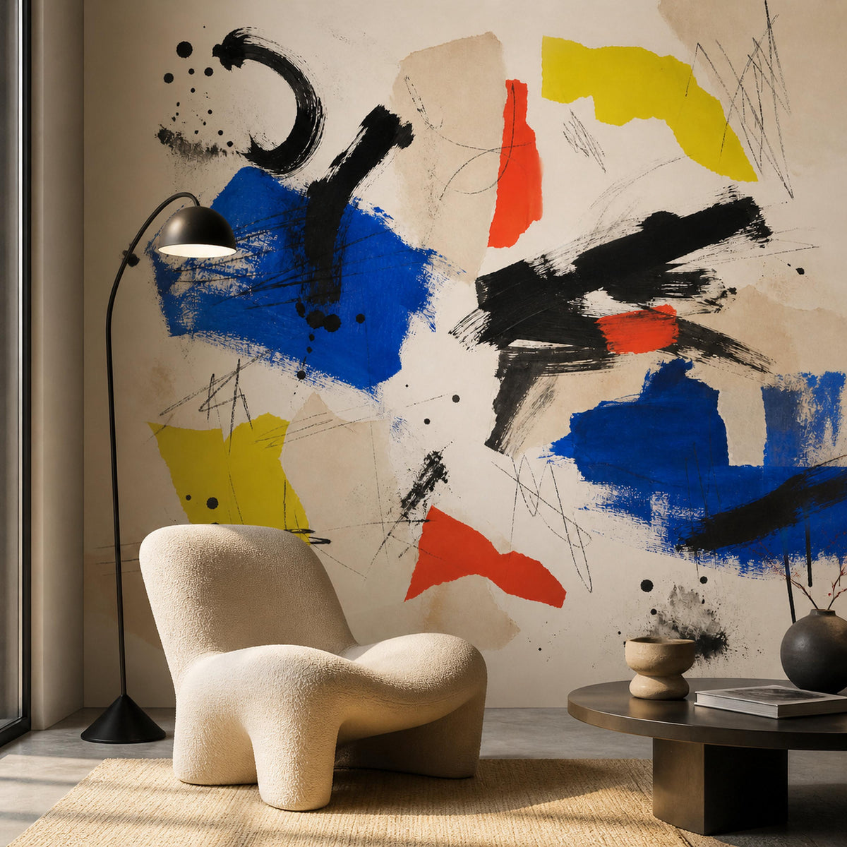 Scale chart showing abstract wallpaper mural dimensions with color block panels in multiple size options