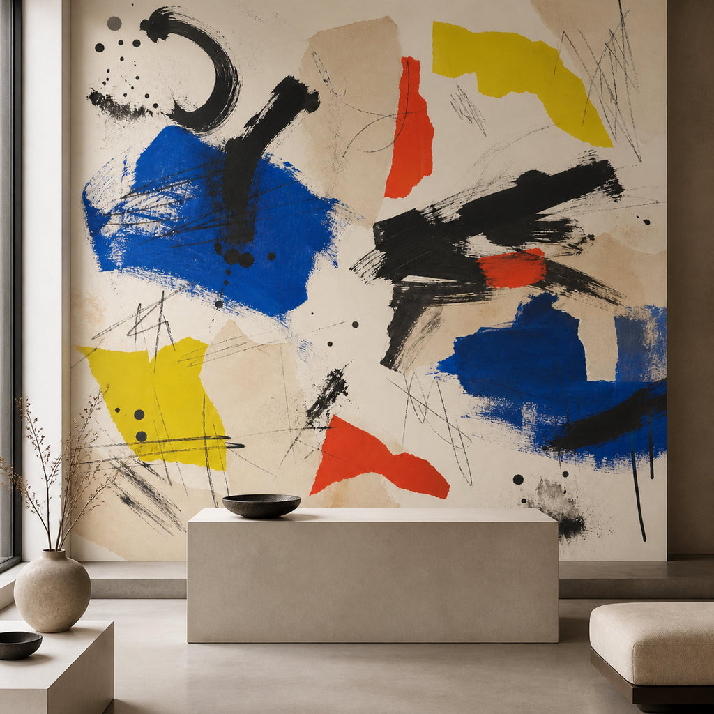 Side by side size comparison of neo expressionist peel and stick mural panels against a standard wall