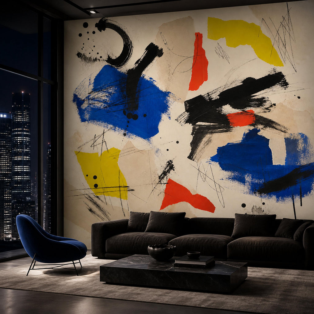 Textured surface close-up of modern wall mural revealing depth and layering in the expressionist artwork