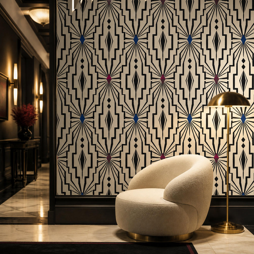 Cocktail bar decor wall with black and ivory Gatsby wallpaper creating a bold geometric statement