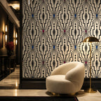 Cocktail bar decor wall with black and ivory Gatsby wallpaper creating a bold geometric statement