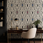Texture close-up of black luxury wallpaper with raised ivory geometric lattice and art deco detailing