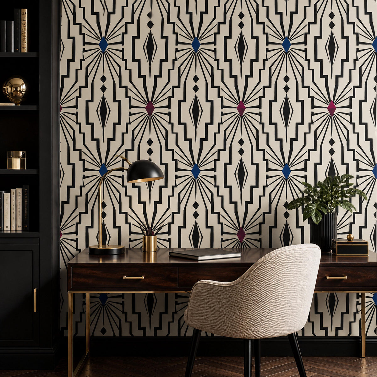 Texture close-up of black luxury wallpaper with raised ivory geometric lattice and art deco detailing