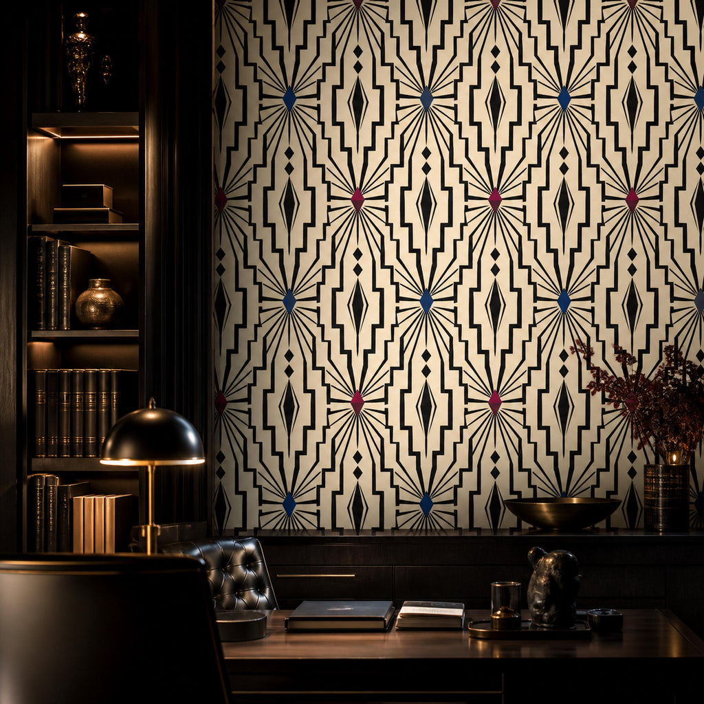 Dining room wall with Gatsby inspired black and ivory geometric wallpaper for 1920s luxury decor