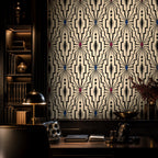 Dining room wall with Gatsby inspired black and ivory geometric wallpaper for 1920s luxury decor