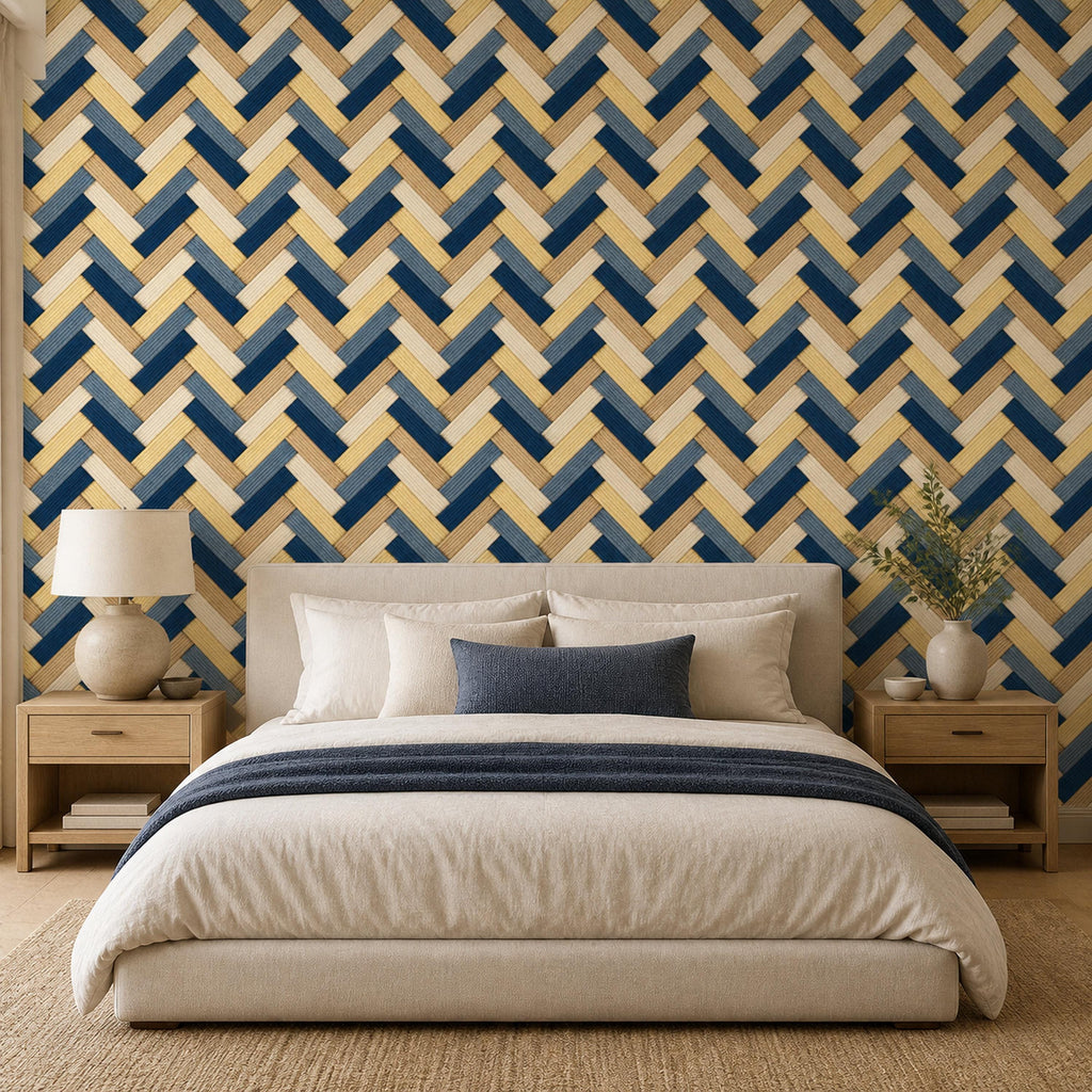 Navy herringbone wallpaper behind a bed with cream bedding, a navy throw and matching nightstands
