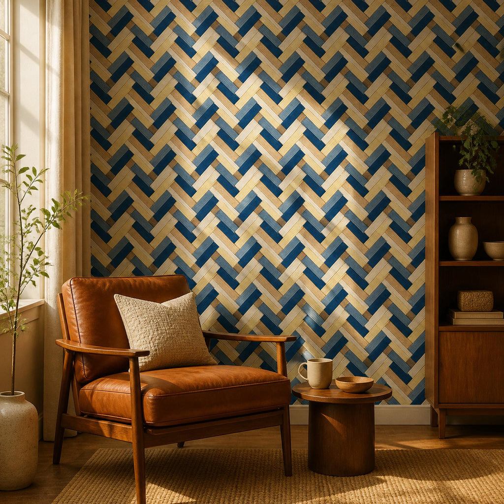 Navy herringbone wallpaper in a reading corner with a tan leather armchair and wooden bookshelf