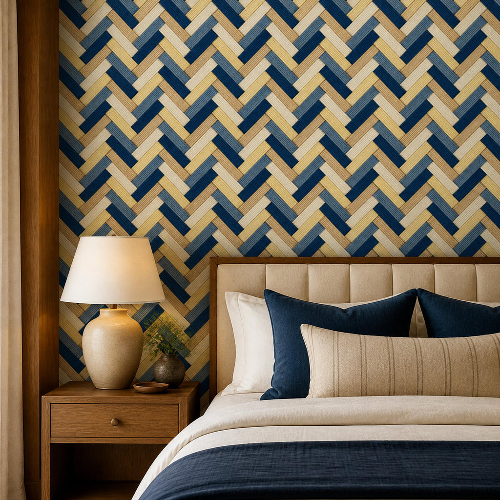 Navy herringbone wallpaper close view of a bed with navy pillows, an upholstered headboard and table lamp