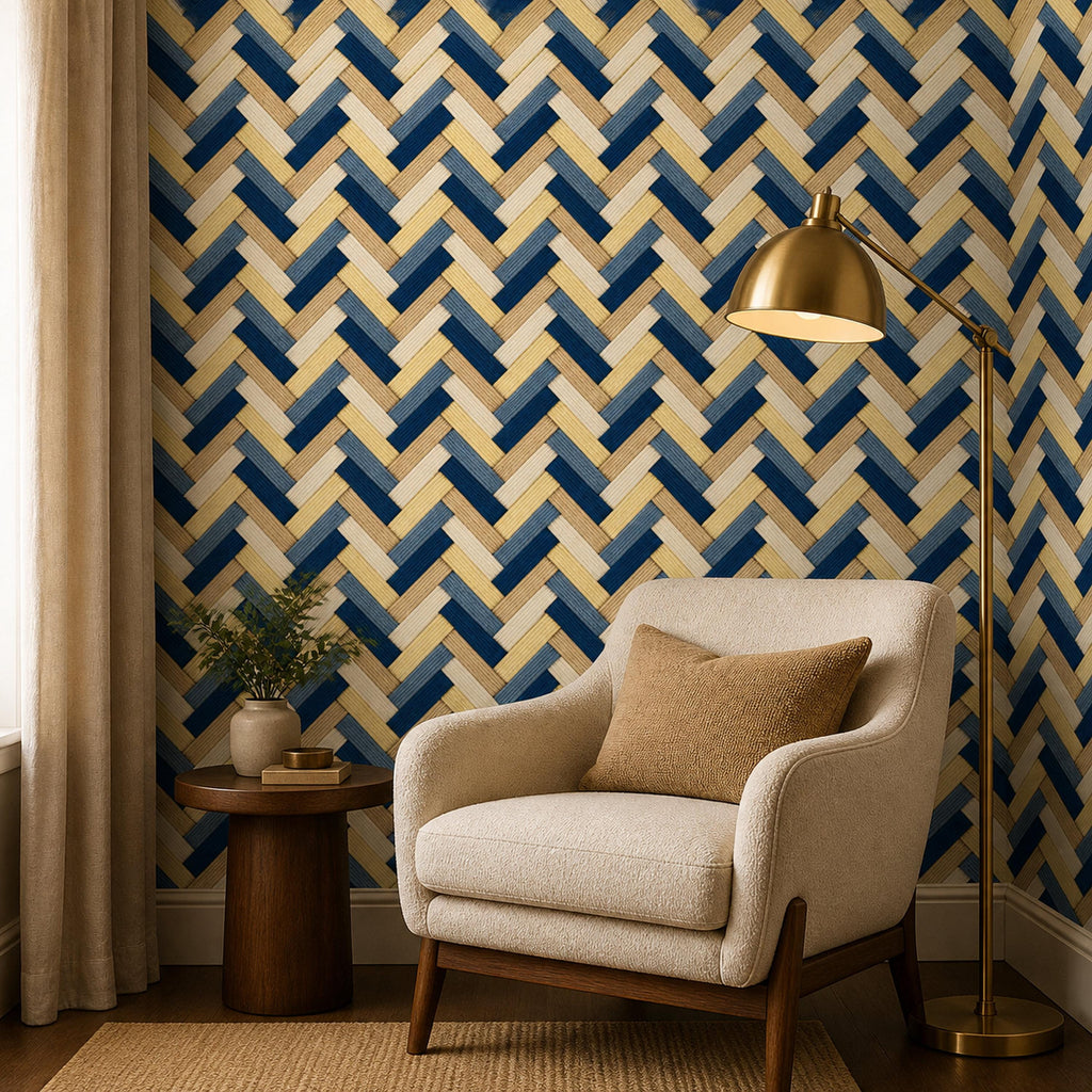 Navy herringbone wallpaper with a cream armchair, brass floor lamp and small side table