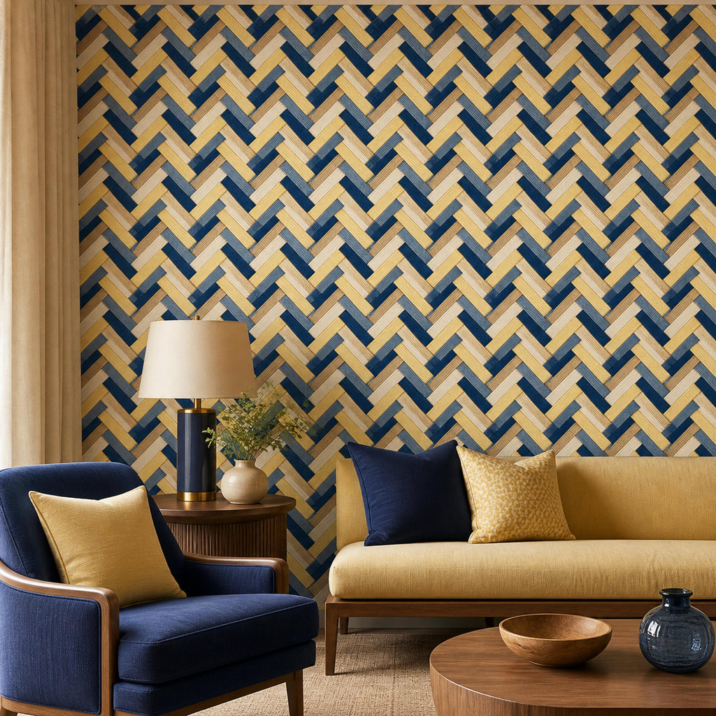 Navy herringbone wallpaper in a living room with a navy armchair, yellow sofa and table lamp