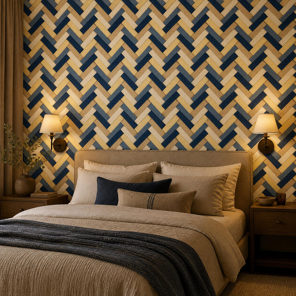 Navy herringbone wallpaper in a bedroom with wall sconces, layered bedding and a dark throw