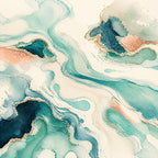 Teal abstract wave wallpaper mural flat view of the teal, navy and coral watercolor design with gold edges