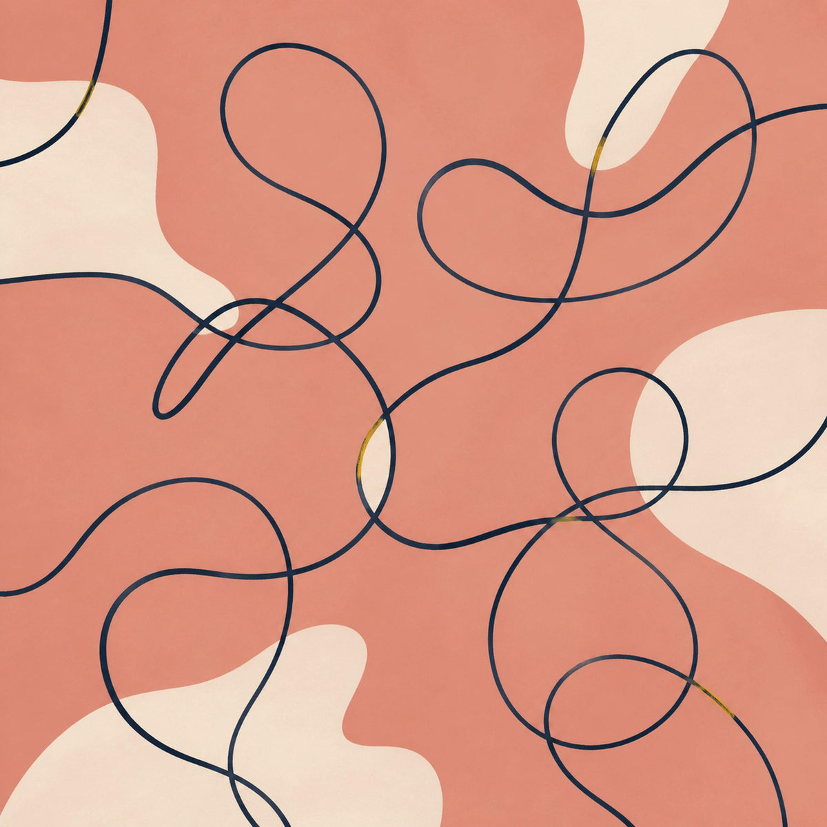 Coral abstract line wallpaper mural with navy continuous ribbon art on a modern peel and stick accent wall