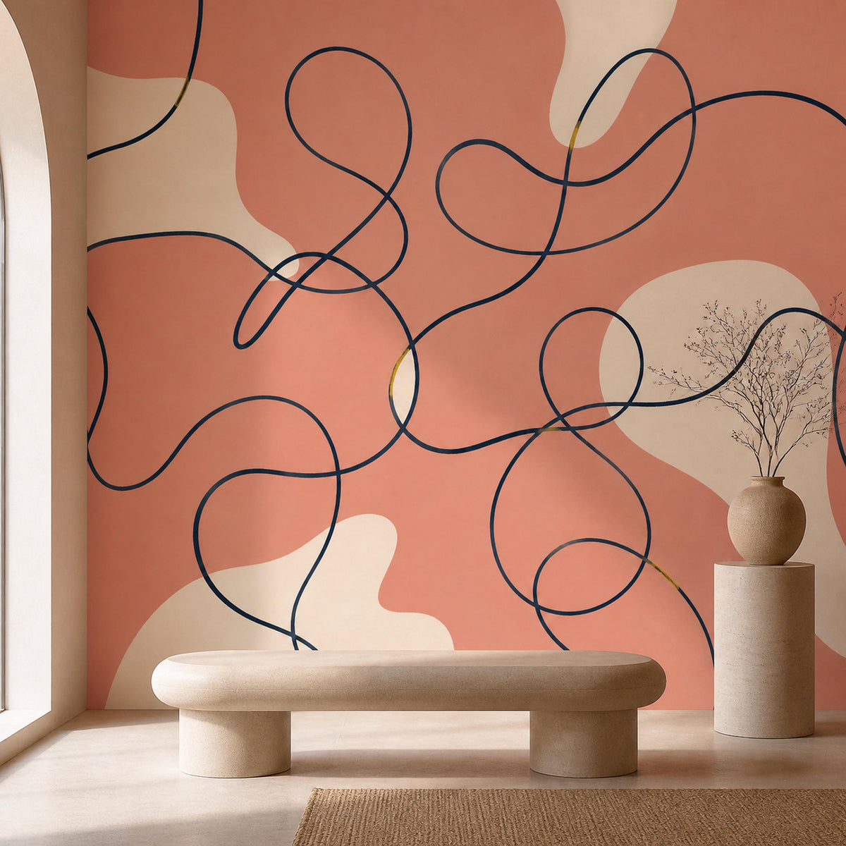 Navy continuous ribbon wallpaper mural styled in a contemporary bedroom as a bold statement wall