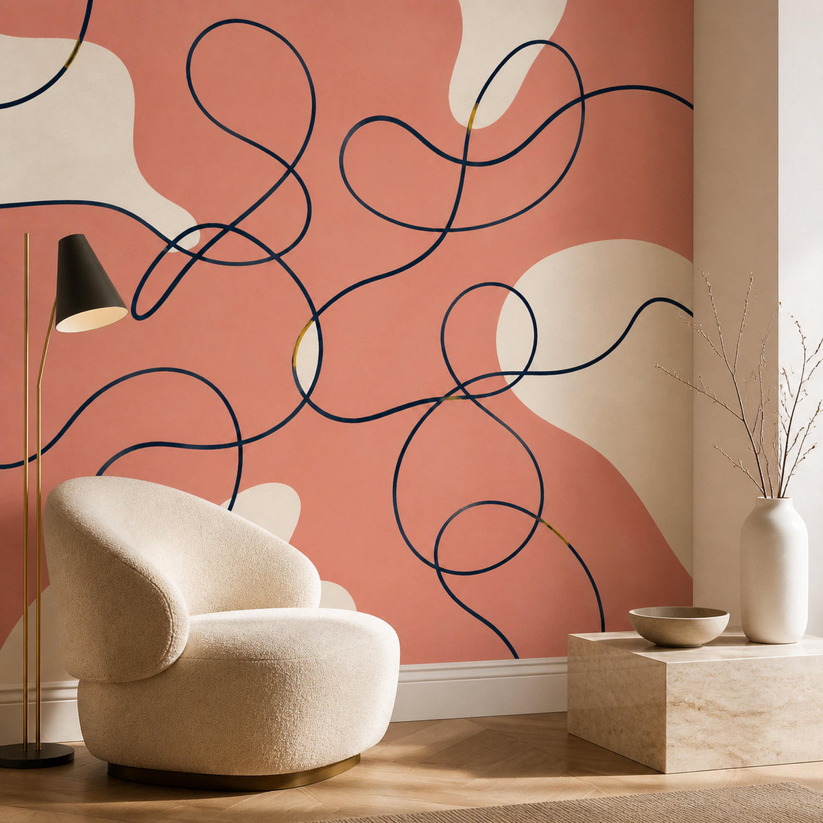 Detail shot of continuous coral line art texture on peel and stick modern wallpaper mural surface
