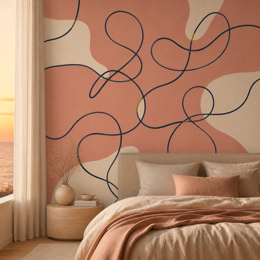 Corner wall installation of navy continuous ribbon art mural with coral tones in a minimalist space