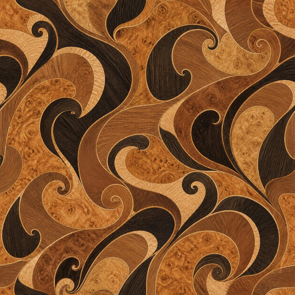 Burl wood marquetry wallpaper close-up of swirling burl wood shapes in honey and dark brown