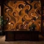 Burl wood marquetry wallpaper in an executive office with a large wooden desk and leather chair
