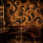 Burl wood marquetry wallpaper in a bar lounge with a curved leather banquette and small round table
