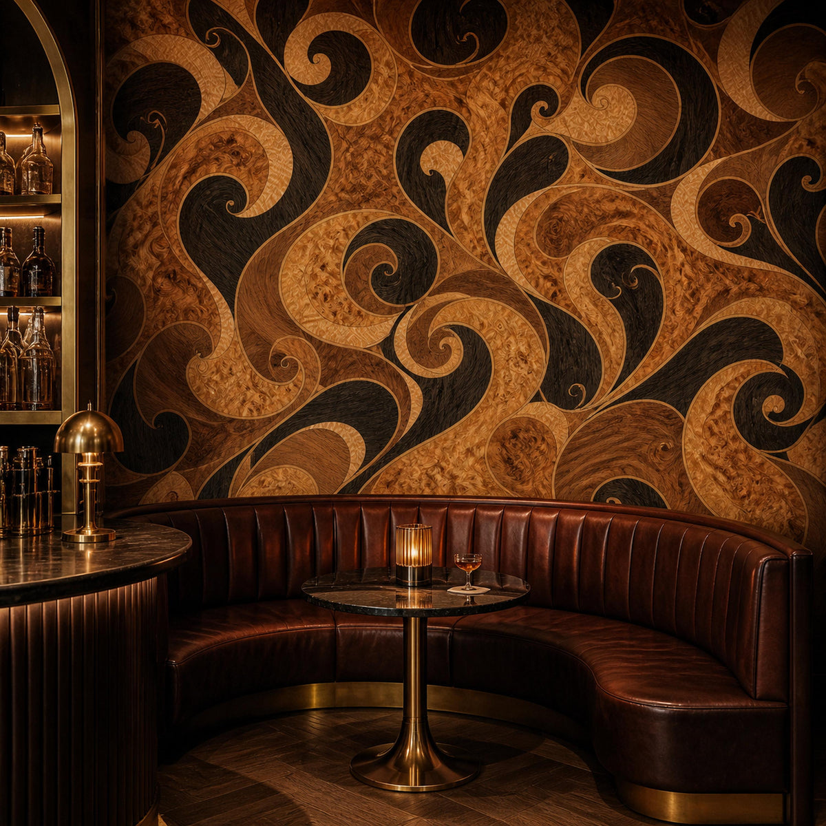 Burl wood marquetry wallpaper in a bar lounge with a curved leather banquette and small round table