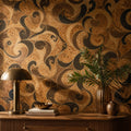 Burl wood marquetry wallpaper behind a sideboard with a brass mushroom lamp, vase and plant