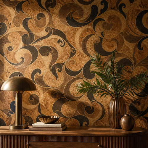 Burl wood marquetry wallpaper behind a sideboard with a brass mushroom lamp, vase and plant