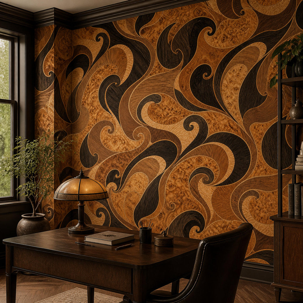 Burl wood marquetry wallpaper in a study with a wooden desk, brass desk lamp and window light