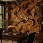 Burl wood marquetry wallpaper in a study with a wooden desk, brass desk lamp and window light