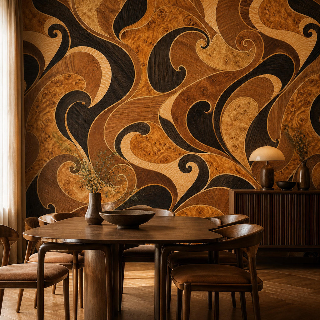 Burl wood marquetry wallpaper in a dining room with a round wooden table and wooden chairs