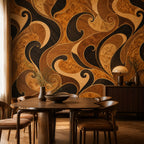 Burl wood marquetry wallpaper in a dining room with a round wooden table and wooden chairs