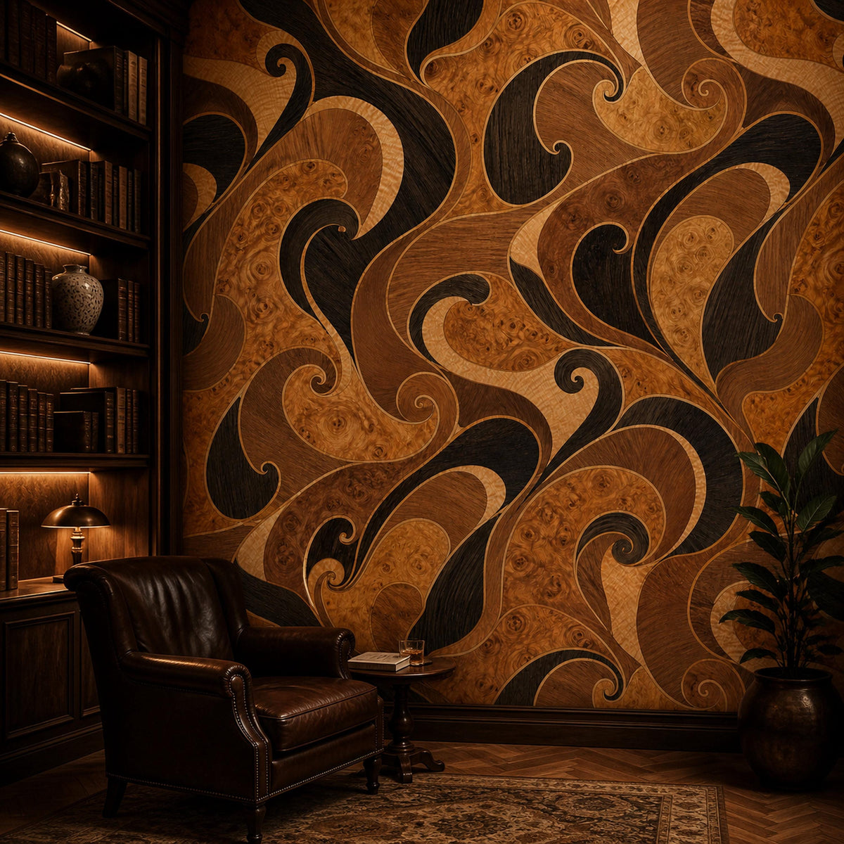Burl wood marquetry wallpaper in a library corner with a leather armchair and wooden bookshelves