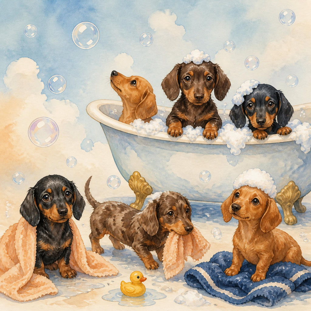 Dachshund bath time mural close-up of dachshund puppies in a clawfoot tub with bubbles and a rubber duck